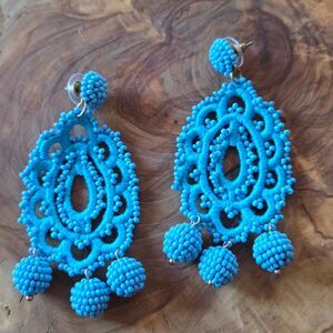 J. Crew Beaded Ball Embroidered Fabric Dangle Large Pierced Earrings Blue Large